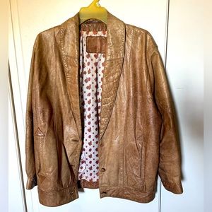 Brown genuine leather bomber jacket